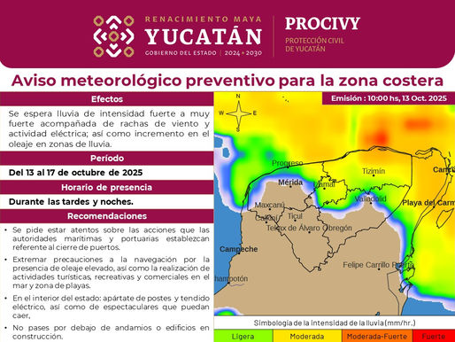 Procivy alerta por lluvias fuertes y rachas de viento en la costa de Yucatán