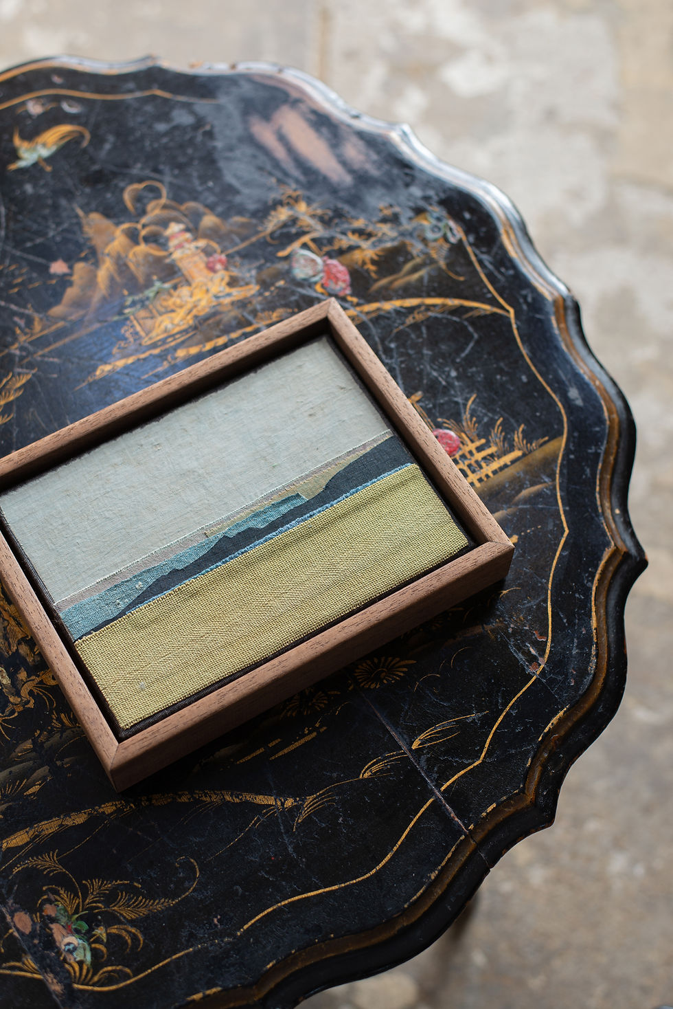 Thumbnail: An original piece by artist Mary Norden. Collected vintage fabrics from Mary's international archive.