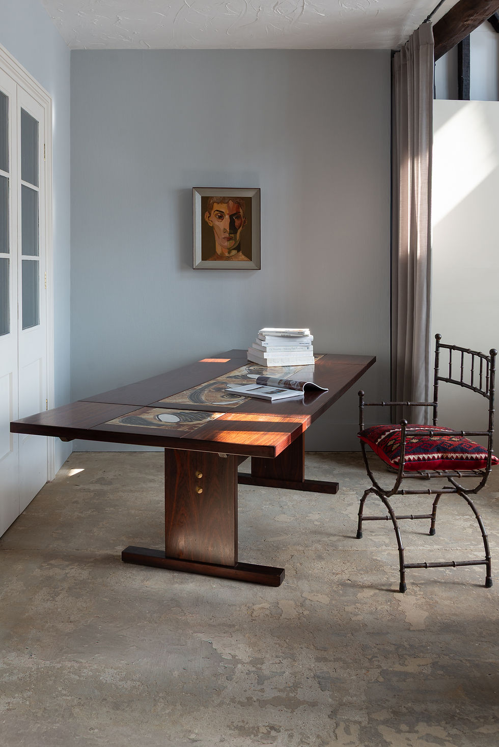Thumbnail: A fabulous Gangso Mobler extending table/desk featuring central inset ceramic tile design. In rosewood veneer.