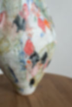 A stoneware sculptural vessel with glaze and stains by artist Linda Lencovic.