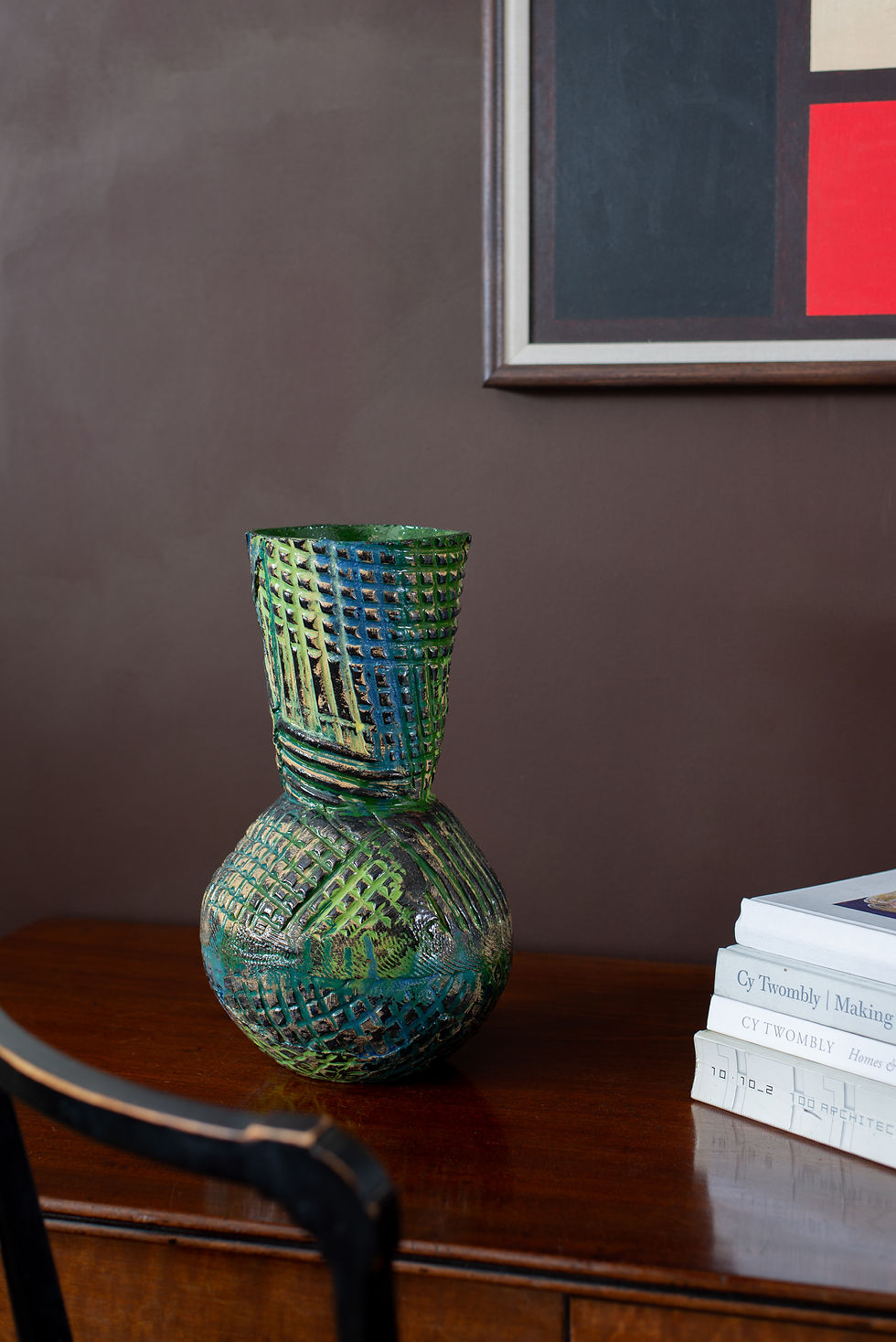 A sculptural vessel in stoneware with slip, glaze and underglaze decoration, from St Leonard’s ceramicist Eddie Knevett.