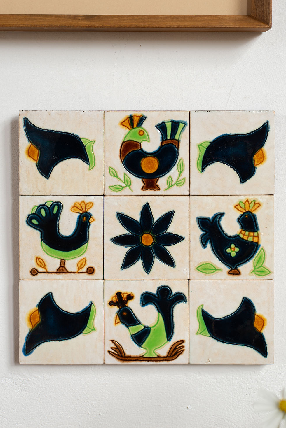 French Folk Art Pottery Tile Artwork of Birds and Flowers, C1960
