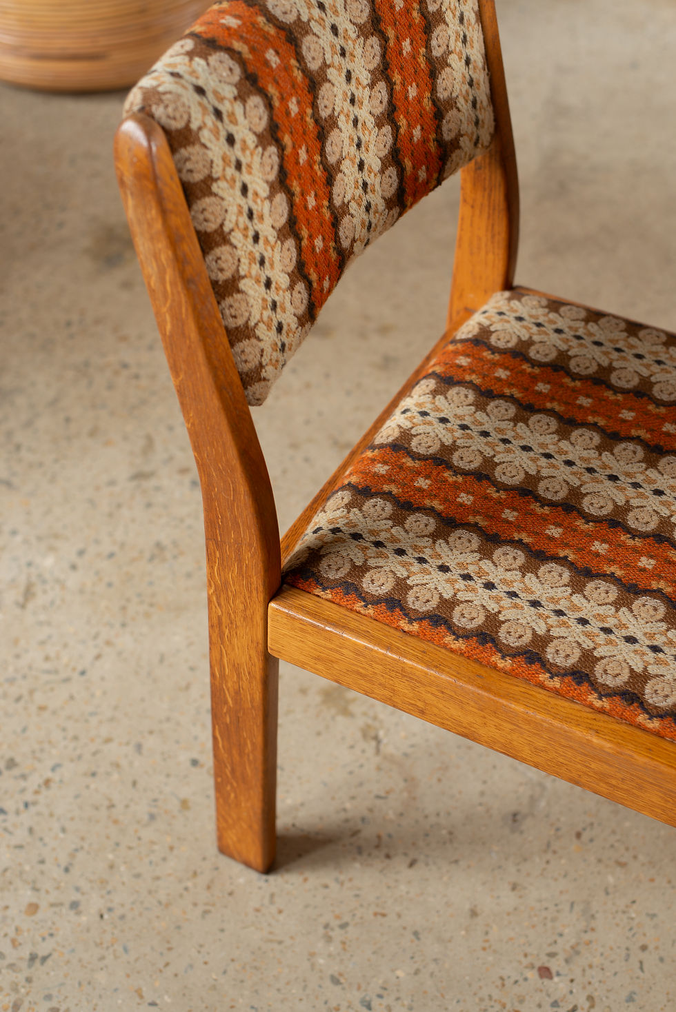 Thumbnail: A charming set of 4 pine chairs, upholstered in their original folk-style wool jacquard fabric, C1960