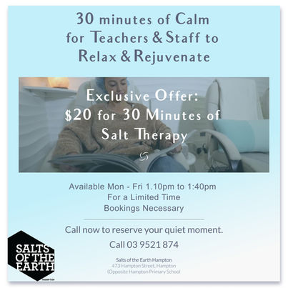 Poster of Special Lunchtime Deal for Teachers and Staff, offering 30 minutes of Salt Therapy for $20.
