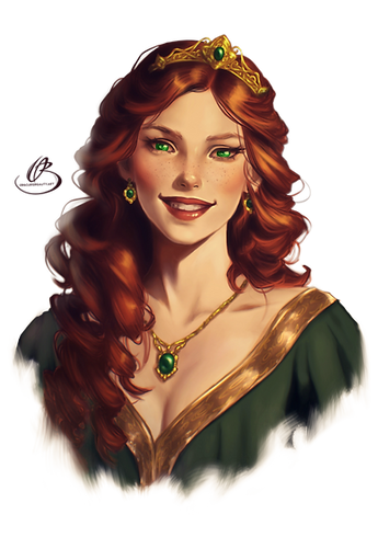 A red haired woman with an emerald and gold necklace, cornet and wearing a green and gold gown