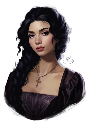 A dark haired woman wearing a crucifix in a black and pruple dress