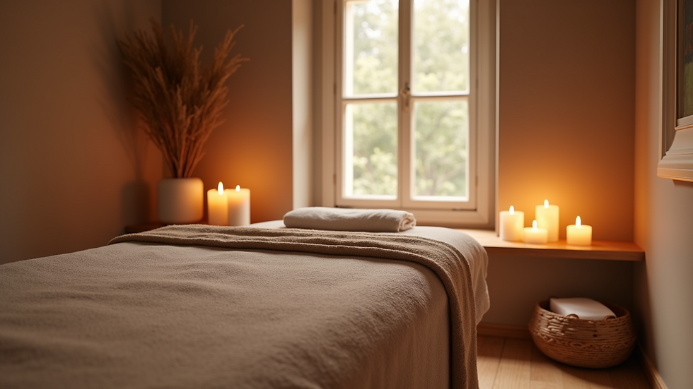 High angle view of a cozy relaxation corner with a massage table and scented candles