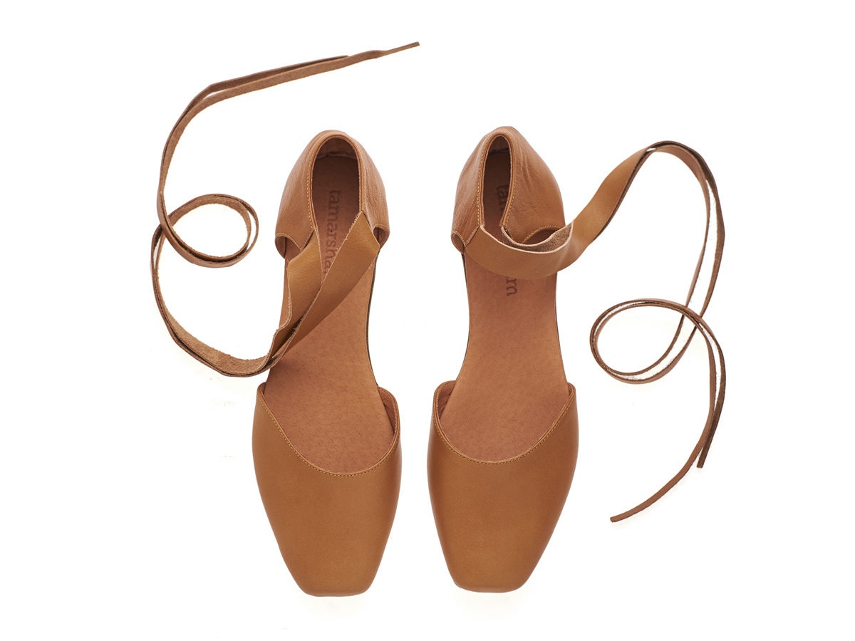 Caramel brown Ana, leather ballerina shoes