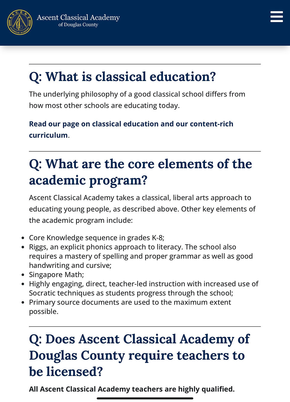 Blue and white webpage about Ascent Classical Academy. It explains classical education, core academic elements, and teacher qualifications. Text-heavy.