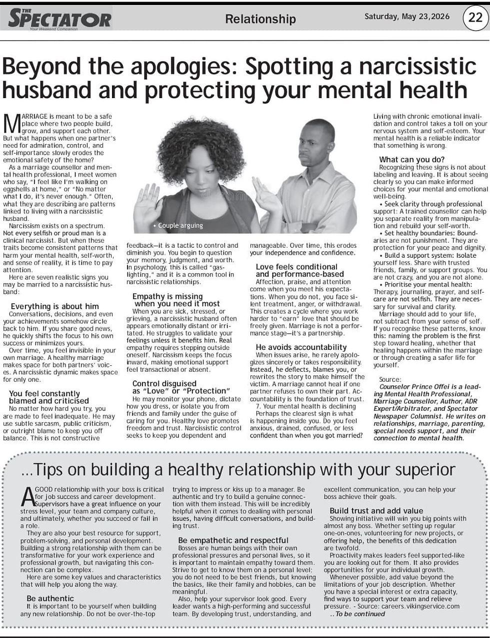 Beyond the Apologies: Spotting a Narcissistic Husband and Protecting Your Mental Health - By Counselor Prince Offei
