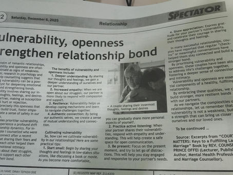 Spectator Newspaper - Vulnerability, Openness Strengthen Relationship Bond - By Counselor Prince Offei 📚💕