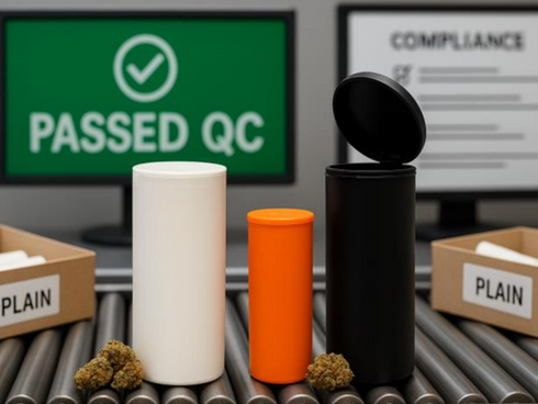 White and black MedLock pop-top tubes plus an orange sample on a roller conveyor; green “PASSED QC” sign behind.