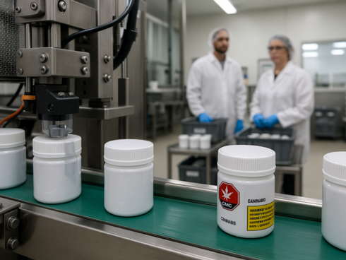 Canadian cannabis jar with CR lid and tamper-evident seal.