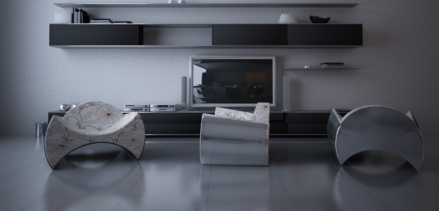 Sala de estar minimalista com móveis modernos e TV.
