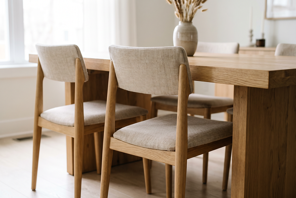 Two dining chairs neatly aligned along the long side of a modern oak rectangular dining table.