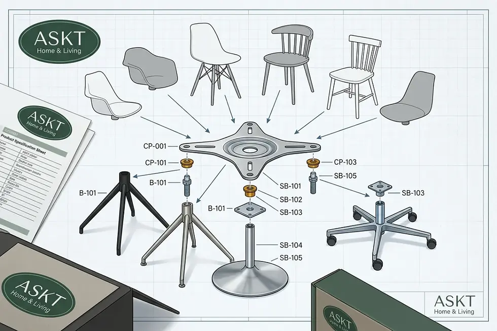 Technical diagram of a modular dining chair system with universal mounting plates and interchangeable components.
