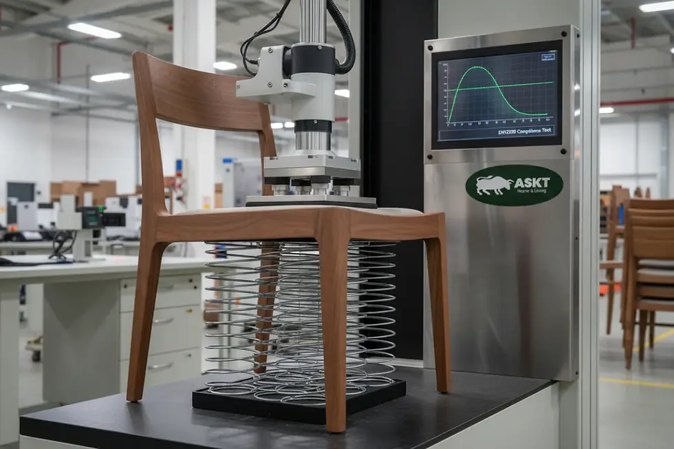 Mechanical load bearing testing equipment checking the durability of an upholstered dining chair seat.