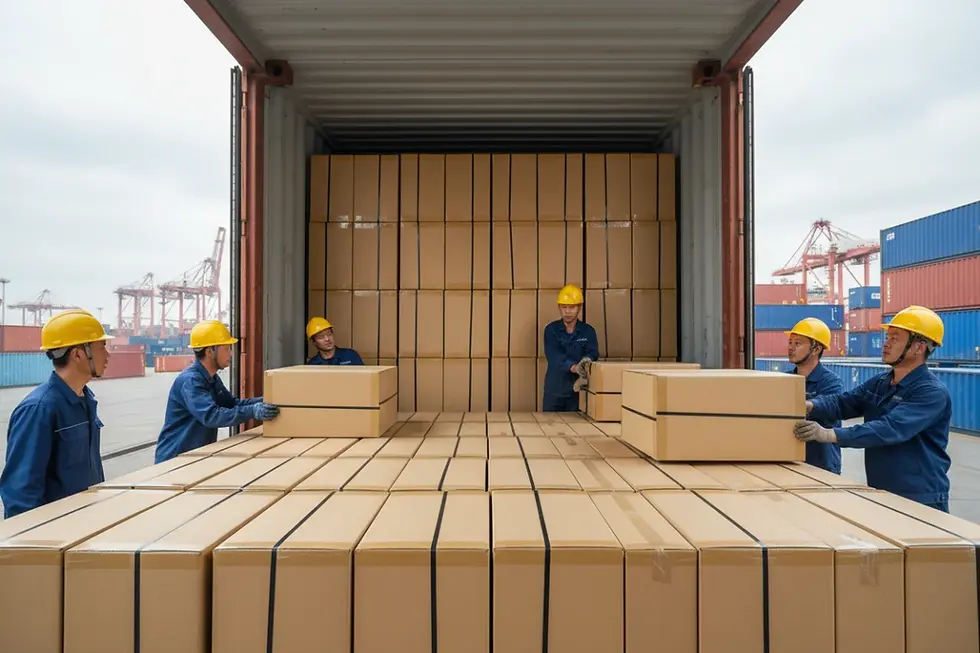 Standardized shipping boxes packed tightly into a sea container to reduce furniture shipping cost China.