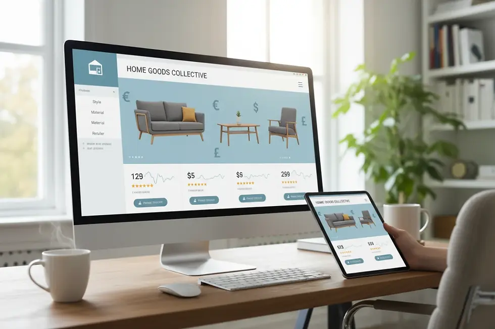 A desktop screen showing how to safely compare ASKT Furniture prices online.