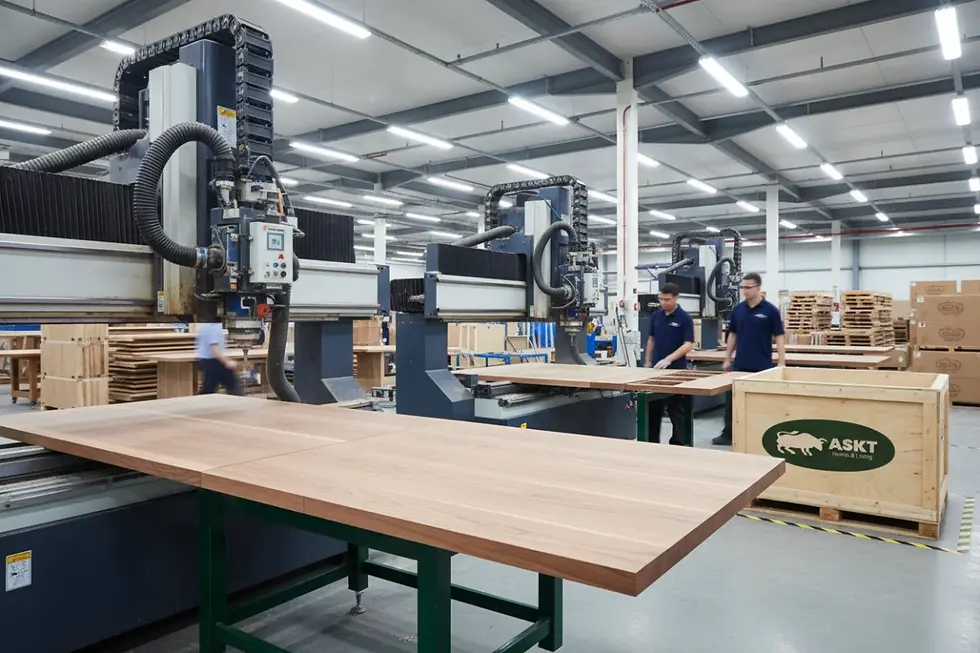 CNC-machine zaagt en boort tafelbladen voor eettafels groothandel productie