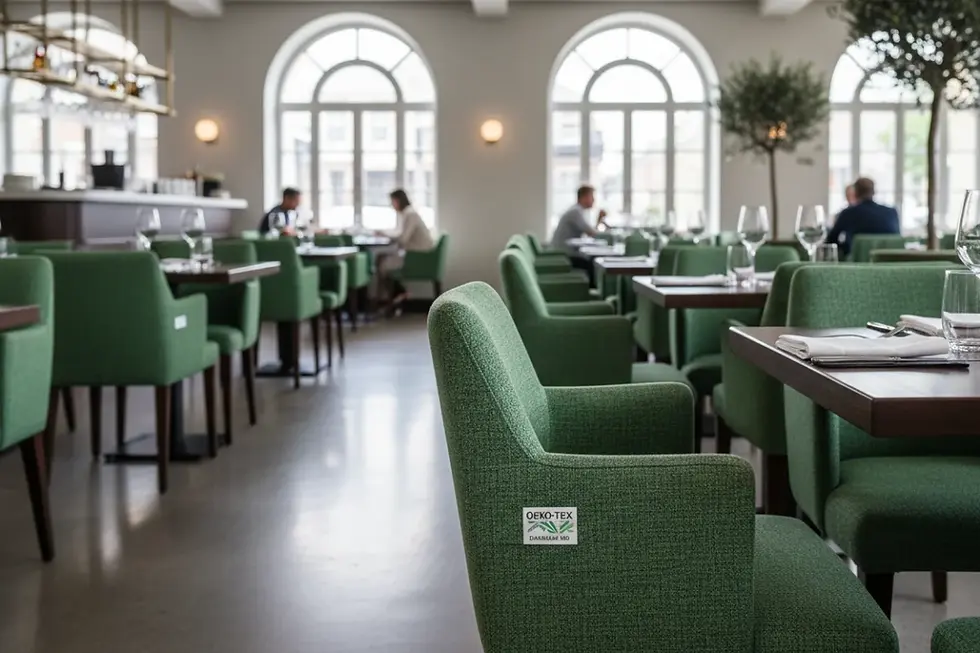 Commercial dining area featuring chairs upholstered in sustainable dining chair textiles.