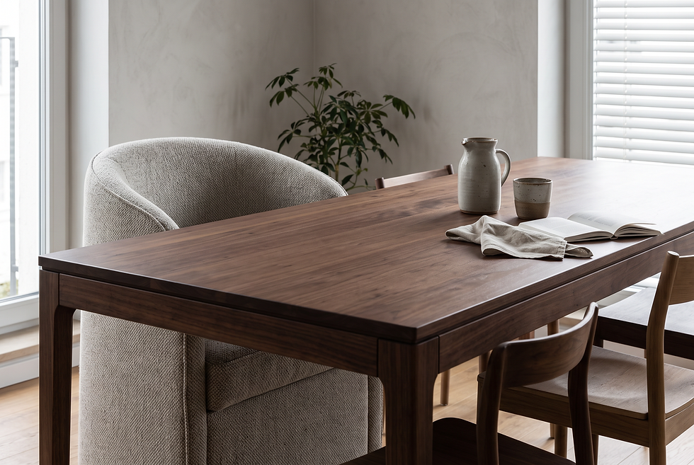 A tailored barrel back dining chair placed at the head of a solid walnut rectangular dining table showcasing arm clearance.