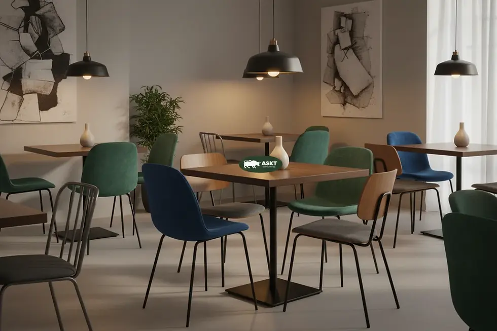 Elegantes Restaurant-Interieur mit einer Mischung aus gepolsterten und ungepolsterten Design-Restaurantstühlen.