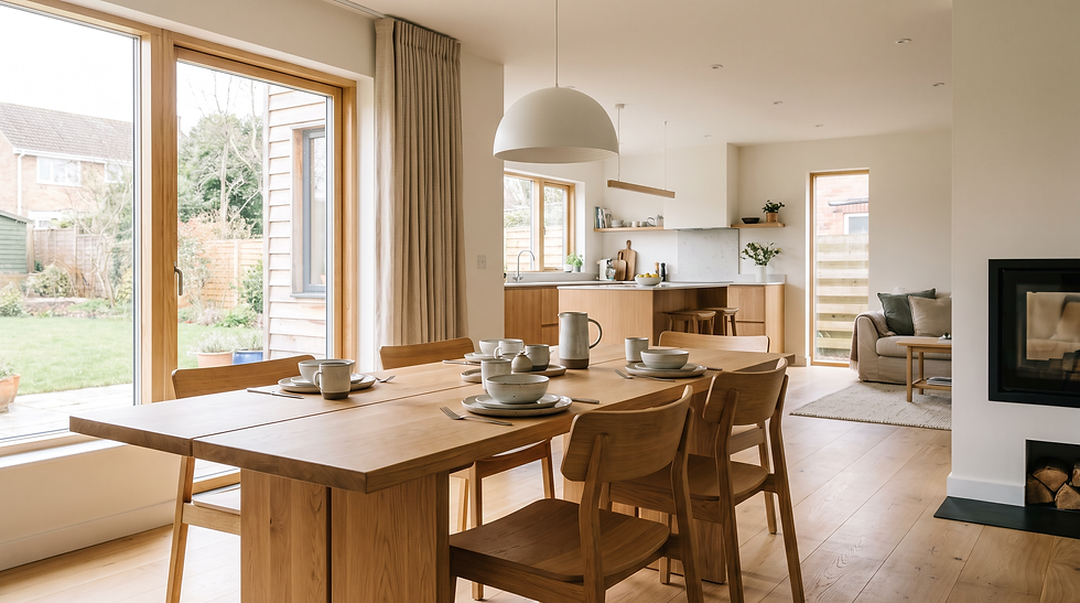 Natural solid wood family dining table set in a luminous modern dining room.