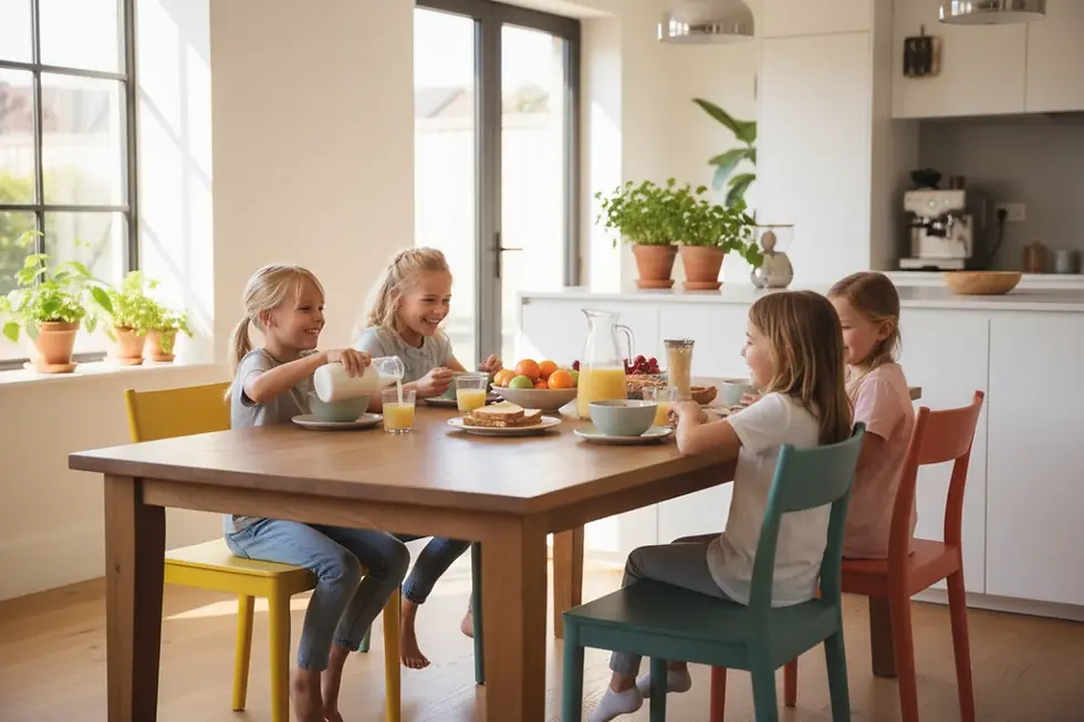 Kinder auf pflegeleichten ASKT Stühlen beim Frühstück