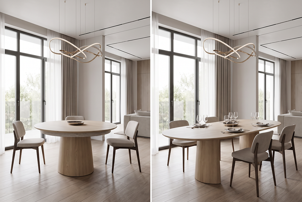 An extendable round dining table converting into an oval layout for extra seating capacity