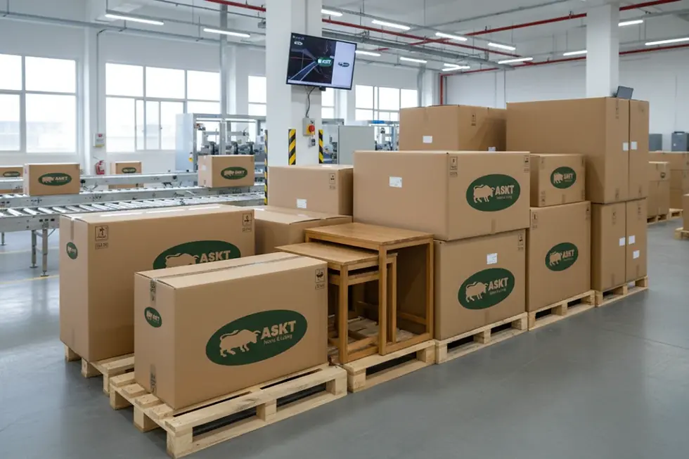 Flat-packed KD furniture cartons stacked neatly on pallets for shipping.