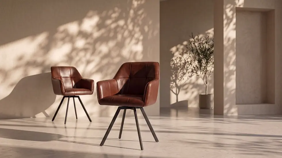 Moderner gepolsterter Esszimmerstuhl Kirin-A mit mattschwarzem Metallgestell in einem hellen Showroom-Ambiente
