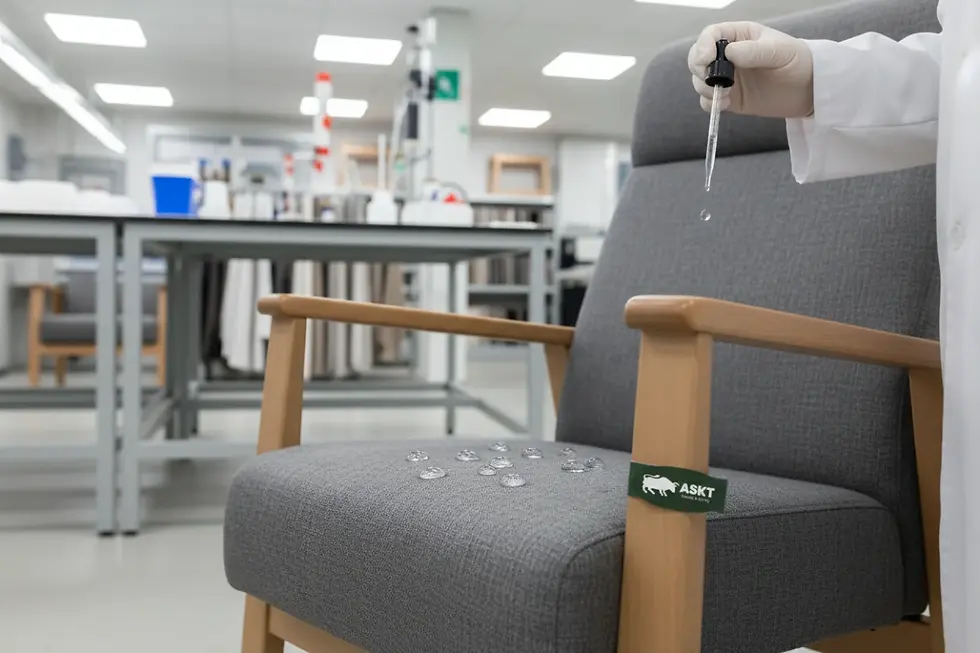 Waterafstotende en vlekbestendige functionele stof op seniorenstoelen.