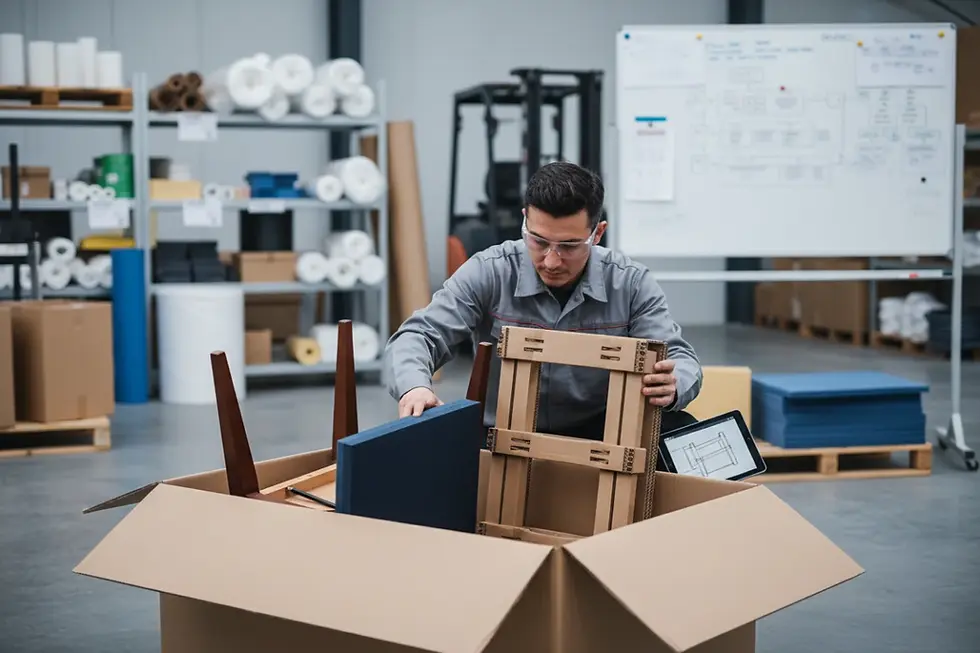 Protective packaging inserts being fitted to reduce furniture shipping damage and control logistics costs.