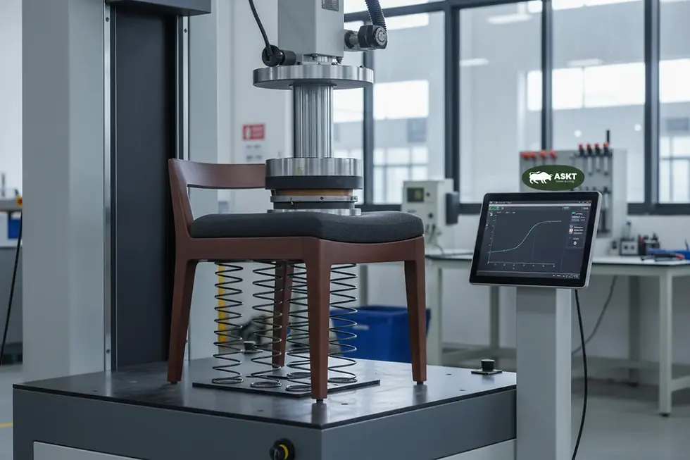 Qualitätstest einer automatisierten Prüfmaschine für Sitzmöbel zur Simulation von Dauerbelastungen.