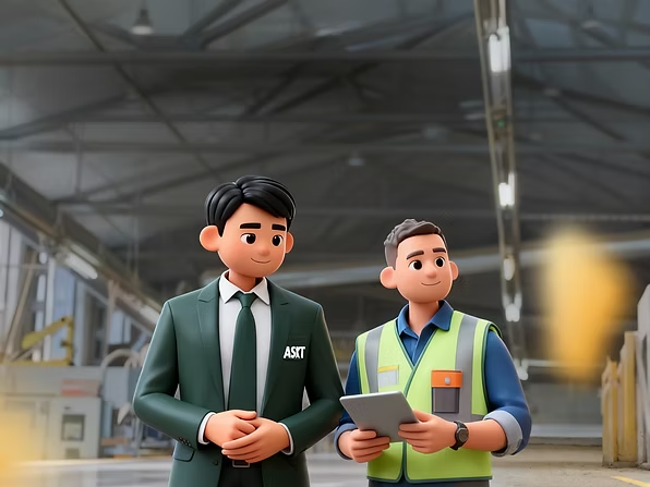 3D cartoon illustration of an ASKT business manager in a green suit visiting a factory with a production supervisor holding a tablet, symbolizing professional supplier selection and factory inspection.