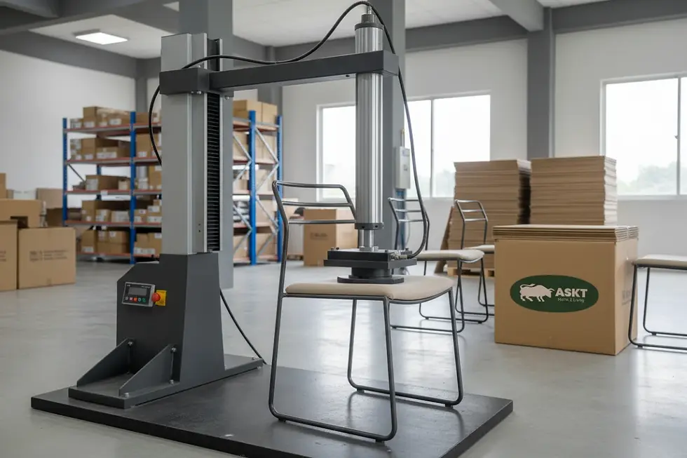 Durability testing machine performing structural stability tests on an upholstered chair.