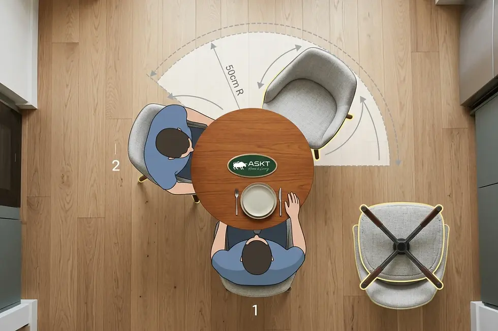 Layout diagram showing how swivel dining chairs save space in compact dining rooms.