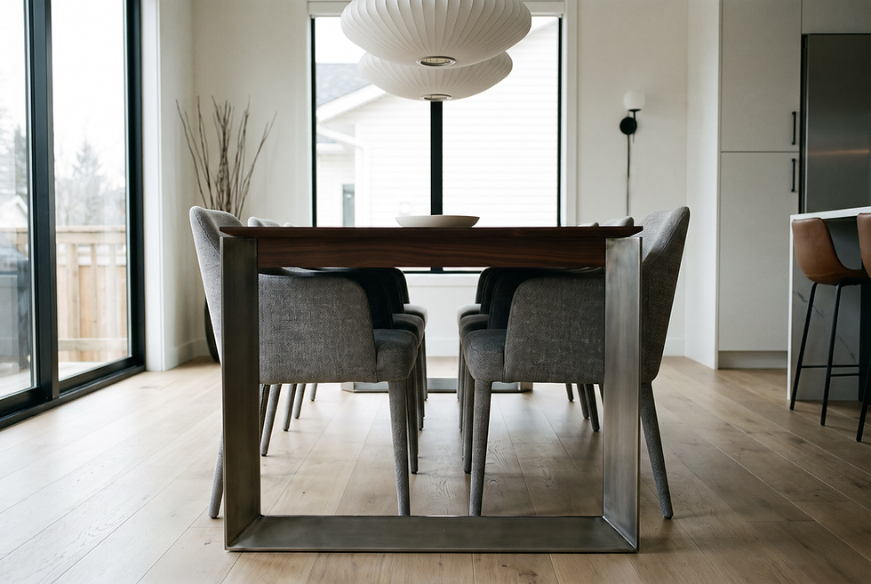 Side view demonstrating table leg clearance and under-table apron clearance for upholstered dining chairs