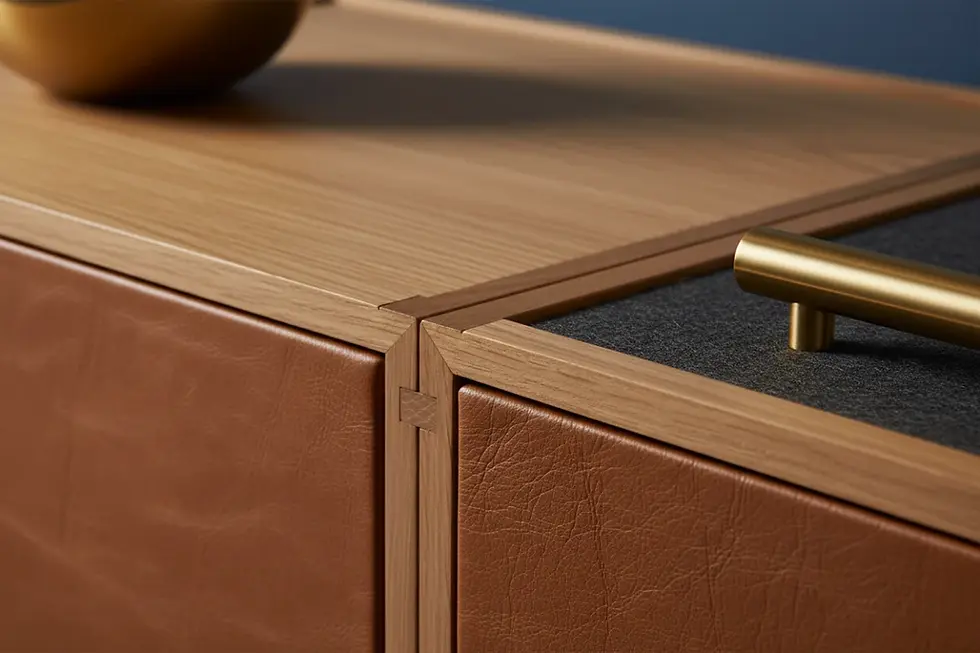 Close-up of premium craftsmanship and solid wood joinery on an ASKT credenza.