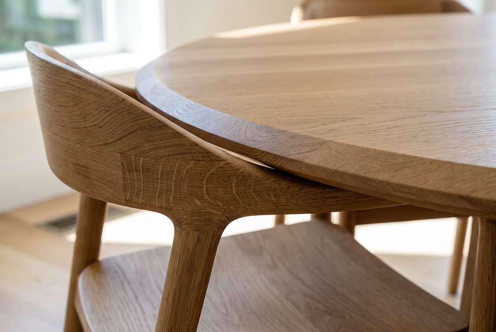 Armchair armrest sliding smoothly under the edge of a round dining table