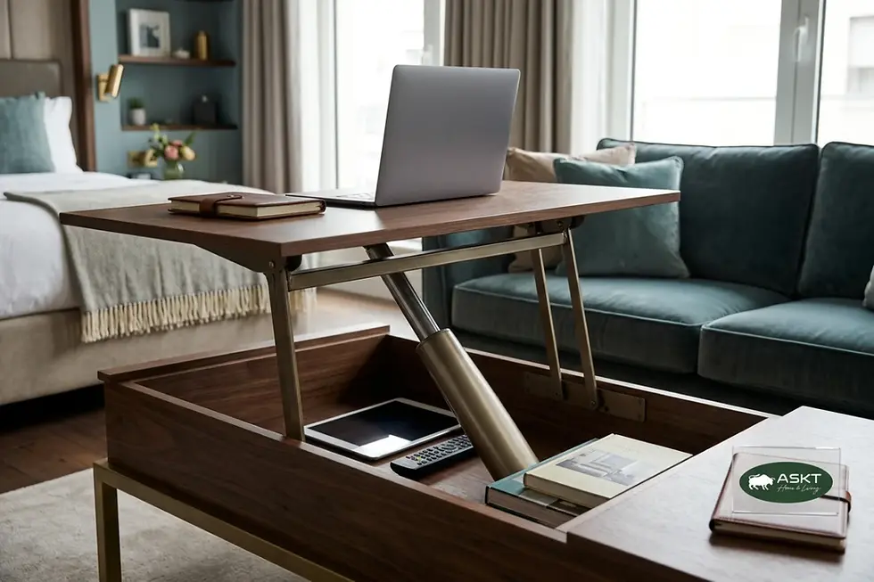 Lift-top salontafel voor hotelkamers uitgeklapt naar ergonomische werkhoogte