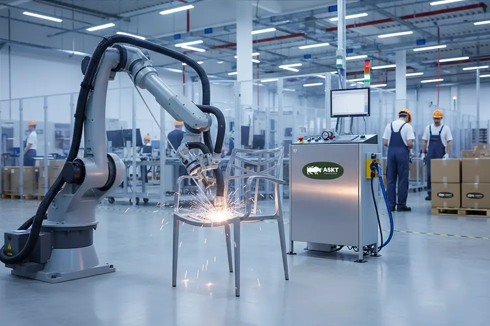 Geautomatiseerde productie en kwaliteitscontrole van projectstoelen met armleuningen.