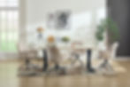 Light neutral dining chairs with black metal dining chair legs matched with a contemporary rectangular dining table