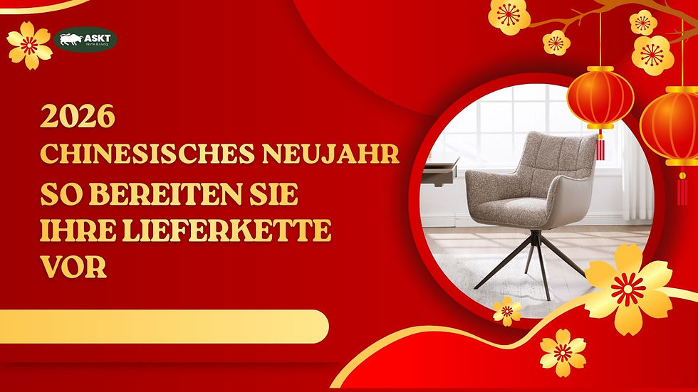 Chinese New Year 2026 supply chain preparation banner with red festive design, ASKT logo, and a modern upholstered dining chair displayed as a furniture sourcing example