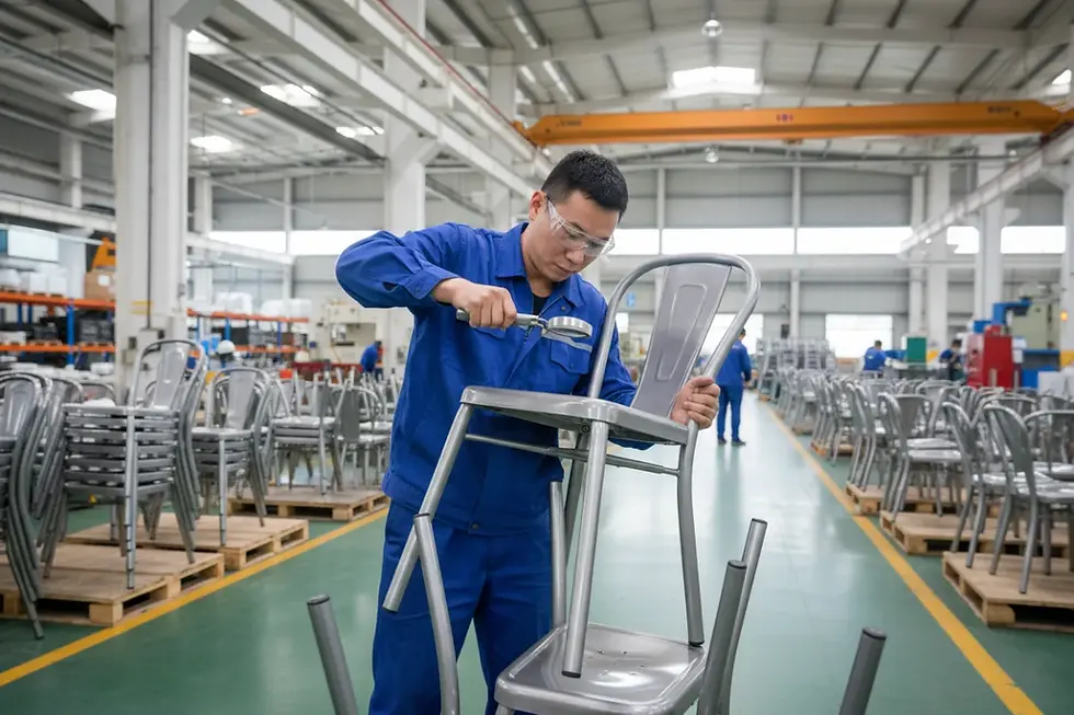 Qualitätskontrolle einer Metallverbindung bei einem Gastronomie-Stuhl in China
