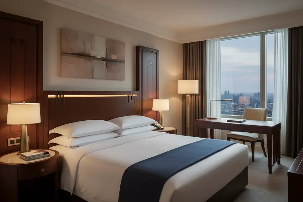 Custom hospitality furniture installed in a modern luxury hotel room.
