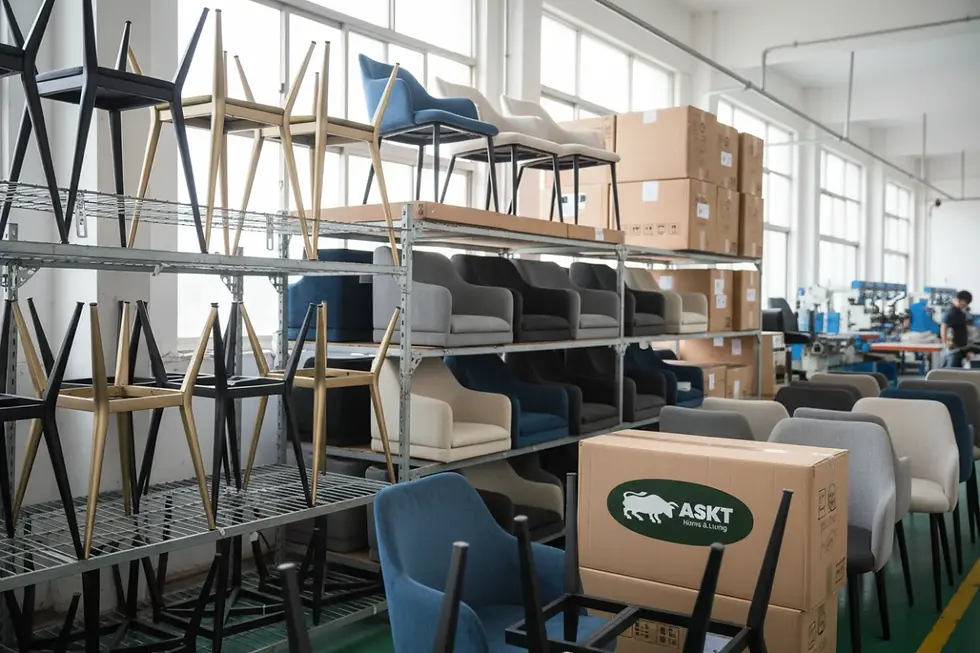 Modular dining chair system components in a B2B furniture factory.
