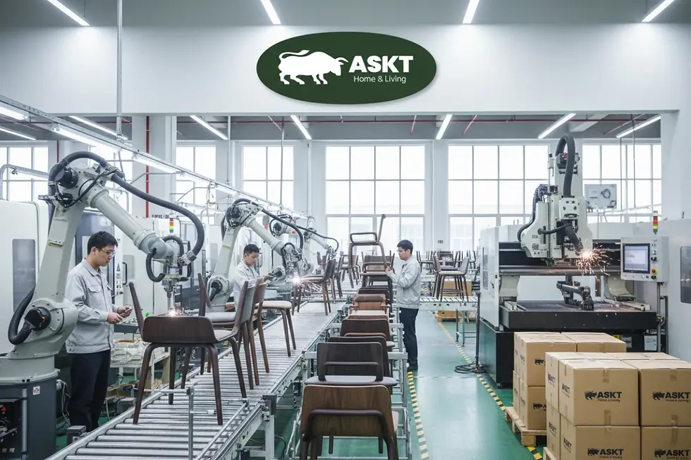 Moderne en geautomatiseerde meubelfabriek China voor grootschalige B2B eetkamerstoelen productie.