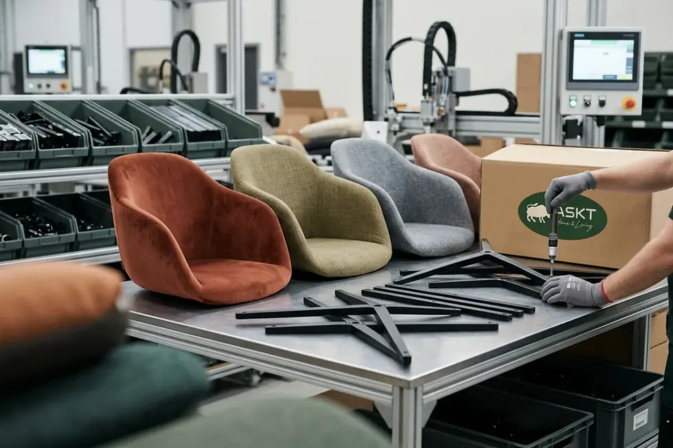 Knock-down metal dining chair frames and customizable upholstery options for wholesale furniture buyers.